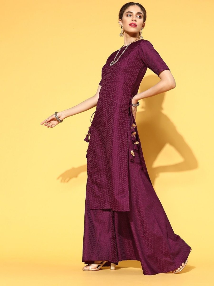 outstanding purple silk blend woven design kurta set