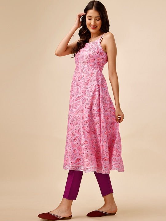 Paisley Printed Shoulder Straps Gotta Patti Kurta With Trousers - Inddus.com