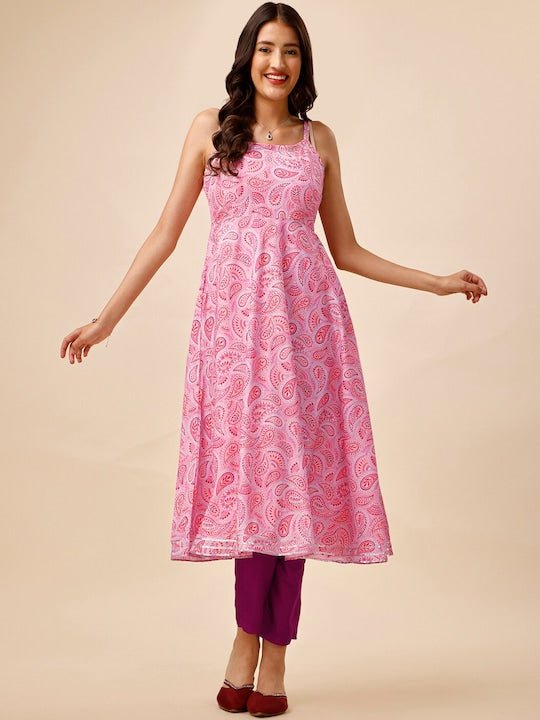 Paisley Printed Shoulder Straps Gotta Patti Kurta With Trousers - Inddus.com