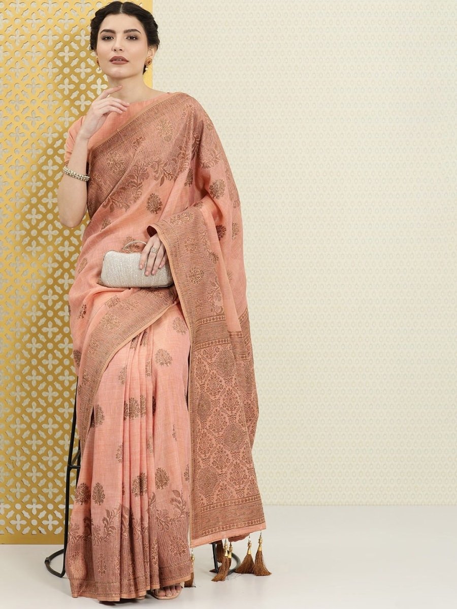 Peach and Bronze Ethnic Motifs Embellished Zari Woven Saree - Inddus.com