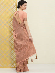 Peach and Bronze Ethnic Motifs Embellished Zari Woven Saree - Inddus.com