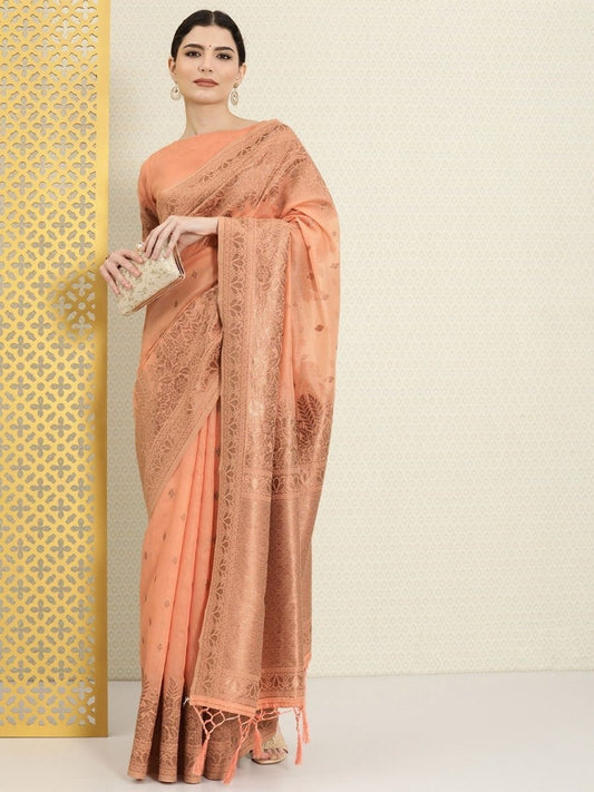 Peach and Bronze Ethnic Motifs Zari Woven Saree - Inddus.com