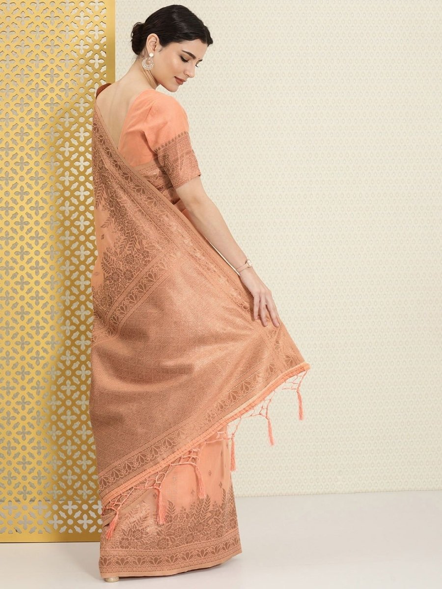 Peach and Bronze Ethnic Motifs Zari Woven Saree - Inddus.com