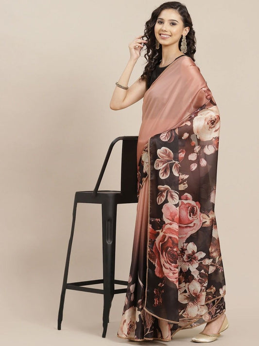 Peach and Brown Floral Digital Print Saree - inddus-us