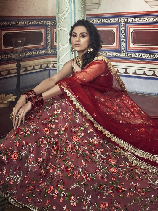 Peach and Red Net Embroidered Designer Lehenga Choli - inddus-us