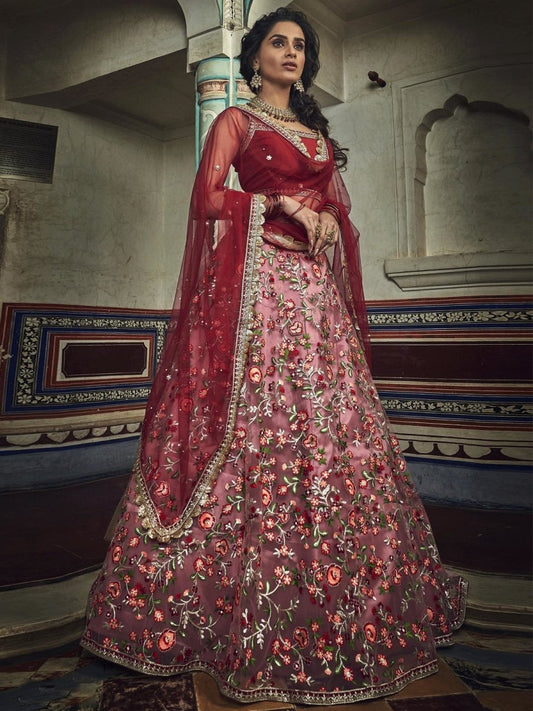 Peach and Red Net Embroidered Designer Lehenga Choli - inddus-us