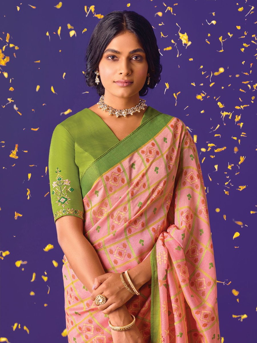 Peach Brasso Embroidered Saree - Inddus.com