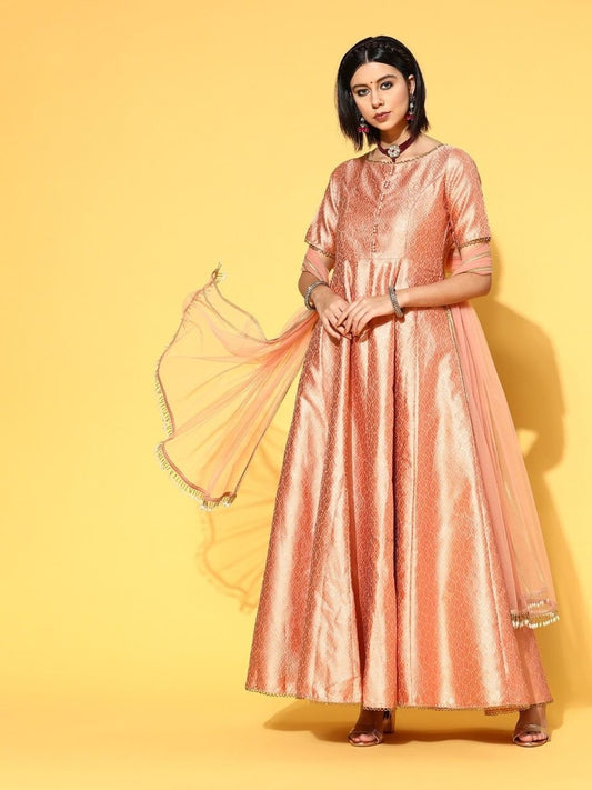 Peach Brocade Anarkali Kurta with Dupatta - Inddus.com