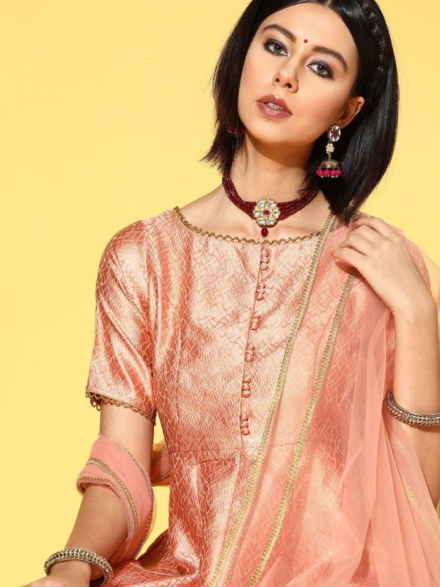 Peach Brocade Anarkali Kurta with Dupatta - Inddus.com