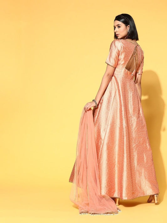 Peach Brocade Anarkali Kurta with Dupatta - Inddus.com