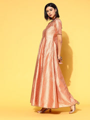 Peach Brocade Anarkali Kurta with Dupatta - Inddus.com