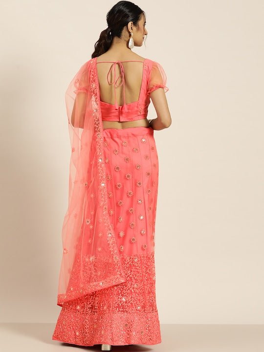 Peach-Coloured Embroidered Semi-Stitched Lehenga & Unstitched outlet Blouse With Dupatta