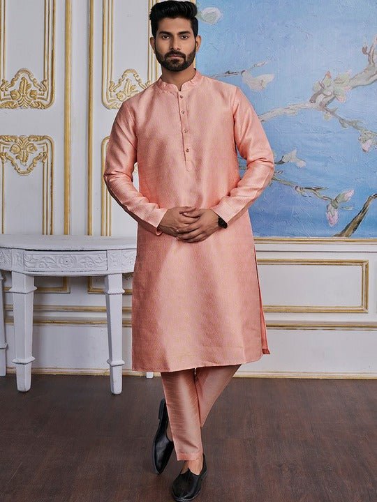 Peach-Coloured Ethnic Motifs Woven Design Kurta with Trousers - Inddus.com