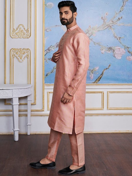 Peach-Coloured Ethnic Motifs Woven Design Kurta with Trousers - Inddus.com