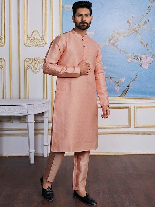 Peach-Coloured Ethnic Motifs Woven Design Kurta with Trousers - Inddus.com