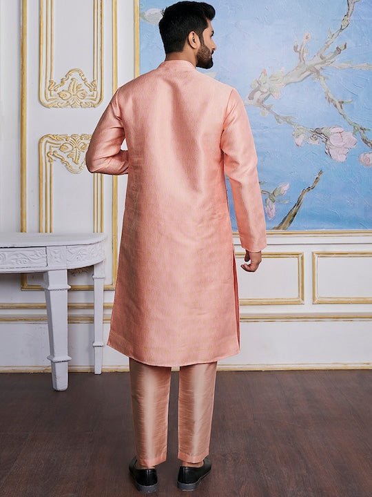 Peach-Coloured Ethnic Motifs Woven Design Kurta with Trousers - Inddus.com