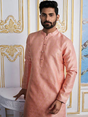 Peach-Coloured Ethnic Motifs Woven Design Kurta with Trousers - Inddus.com