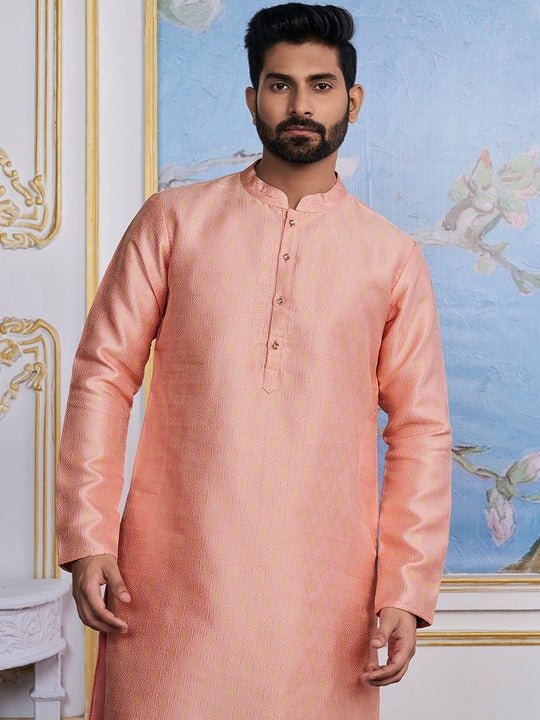 Peach-Coloured Ethnic Motifs Woven Design Kurta with Trousers - Inddus.com