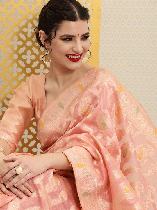 Peach-Coloured & Golden Paisley Woven Design Jashn Saree - Inddus.com