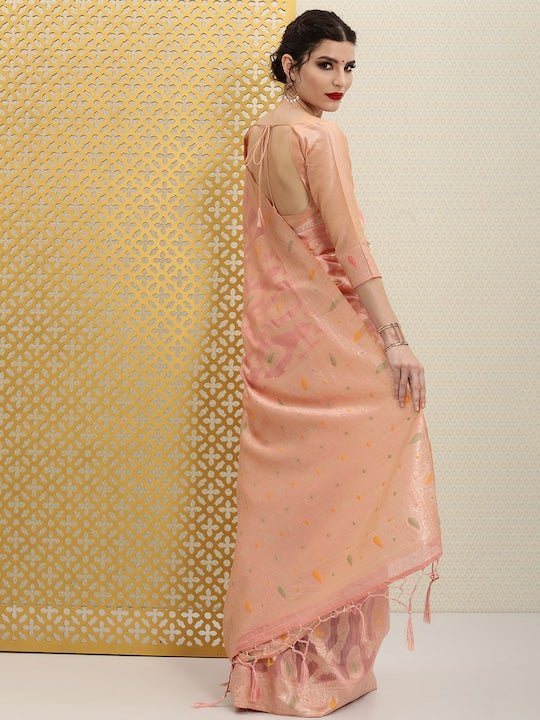 Peach-Coloured & Golden Paisley Woven Design Jashn Saree - Inddus.com