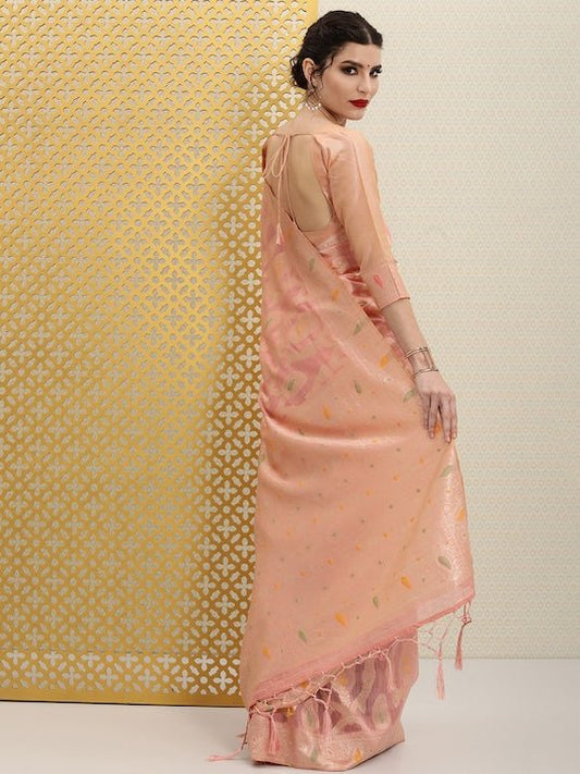 Peach-Coloured & Golden Paisley Woven Design Jashn Saree - Inddus.com