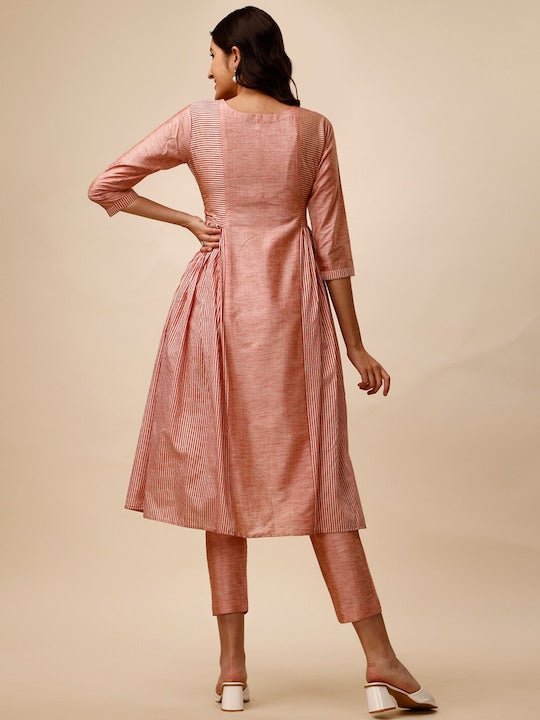 Peach-Coloured Striped Pleated A-Line Kurta With Trousers - Inddus.com