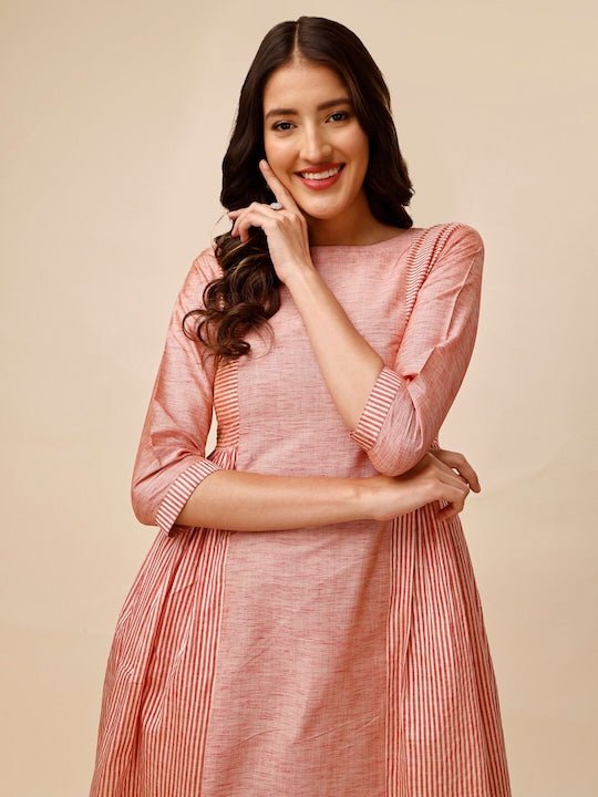 Peach-Coloured Striped Pleated A-Line Kurta With Trousers - Inddus.com