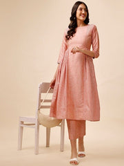 Peach-Coloured Striped Pleated A-Line Kurta With Trousers - Inddus.com