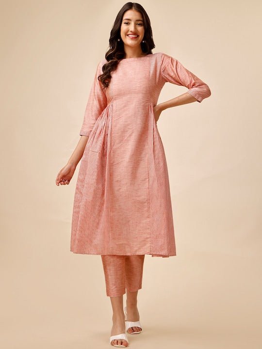 Peach-Coloured Striped Pleated A-Line Kurta With Trousers - Inddus.com