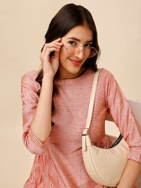 Peach-Coloured Striped Pleated A-Line Kurta With Trousers - Inddus.com