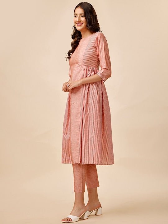 Peach-Coloured Striped Pleated A-Line Kurta With Trousers - Inddus.com