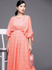 Peach-Coloured & White Georgette Ethnic Kaftan Maxi Dress - Inddus.com