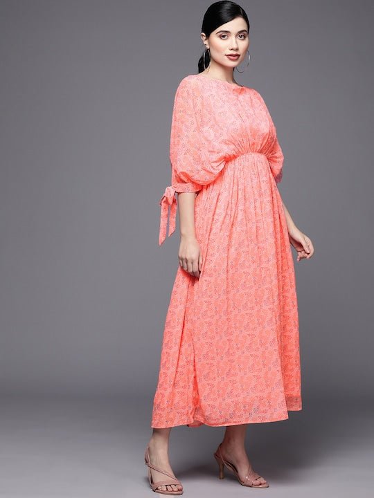 Peach-Coloured & White Georgette Ethnic Kaftan Maxi Dress - Inddus.com