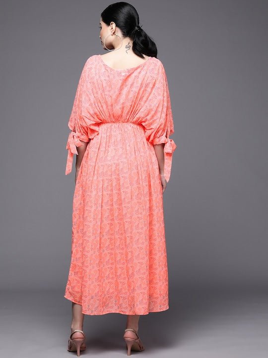 Peach-Coloured & White Georgette Ethnic Kaftan Maxi Dress - Inddus.com