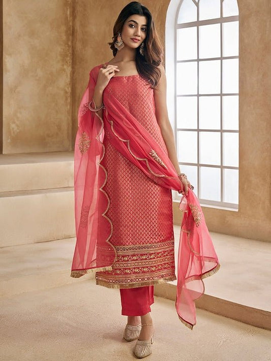 Peach-Coloured Woven Design Thread Work Straight Kurta & Trousers With Dupatta - Inddus.com