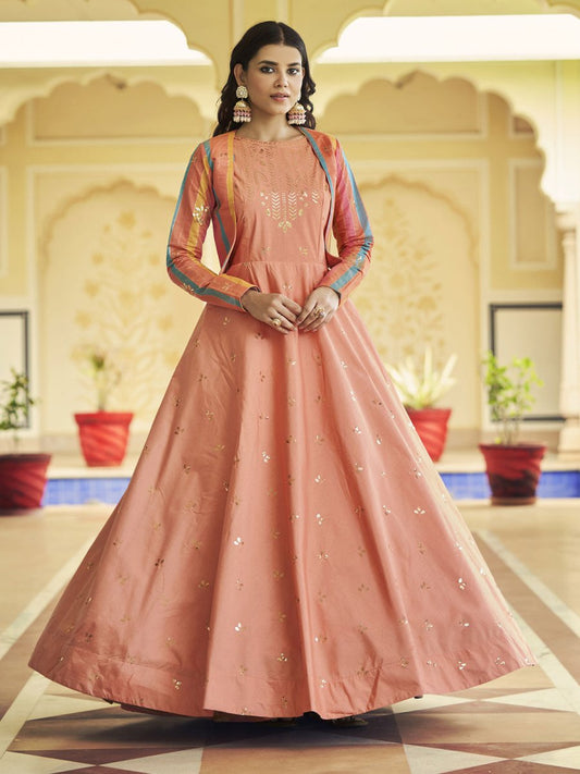 Peach Cotton Partywear Gown - Inddus.com