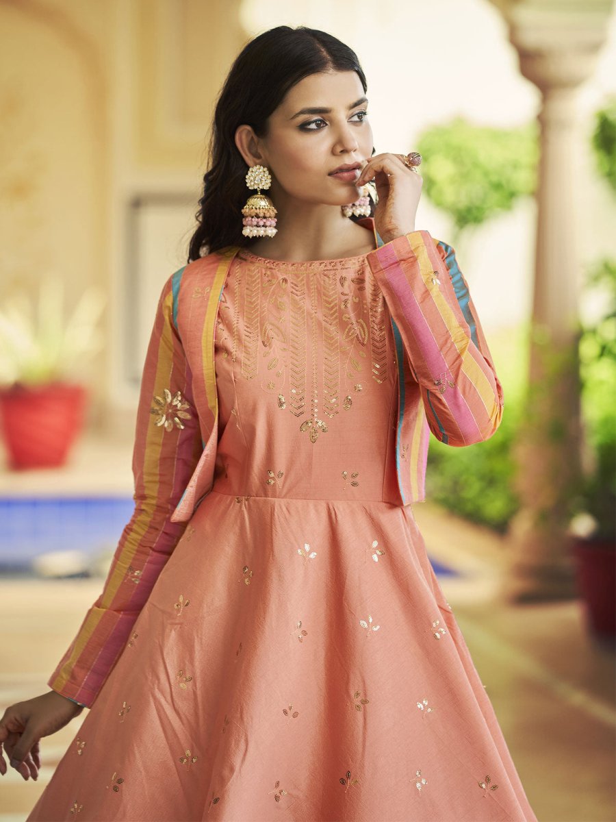 Peach Cotton Partywear Gown - Inddus.com