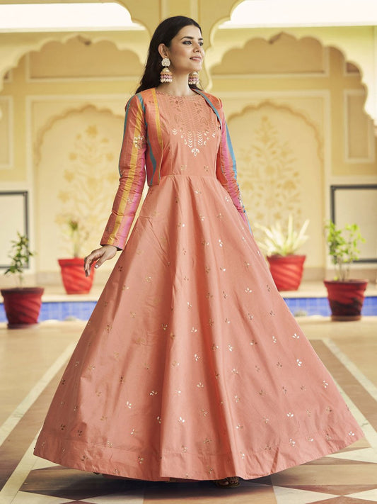 Peach Cotton Partywear Gown - Inddus.com