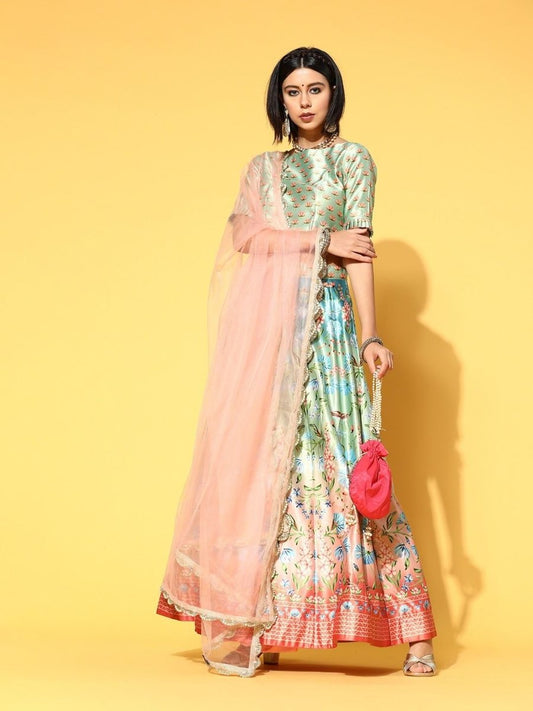 Peach Digital Print Lehenga with Dupatta and Blouse - Inddus.com