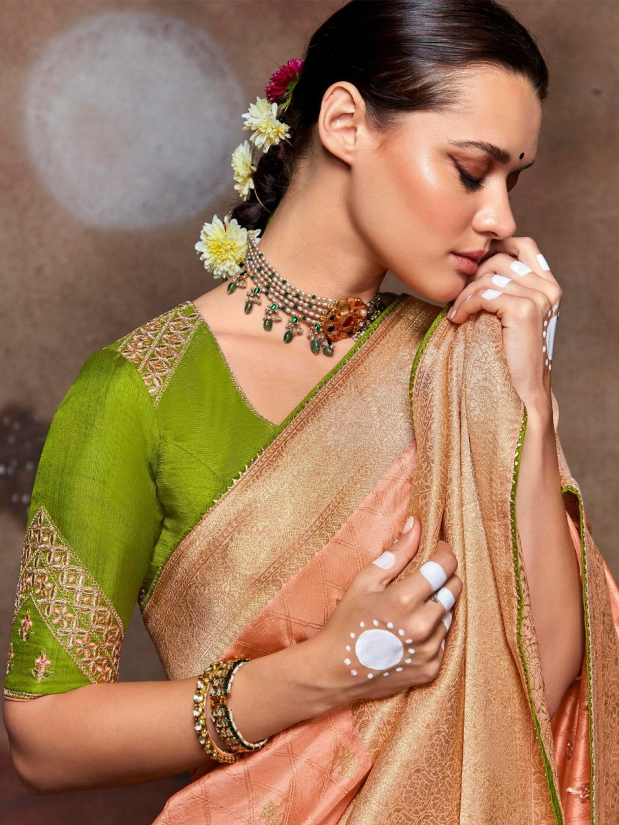 Peach Dola Silk Embroidery Saree - Inddus.com