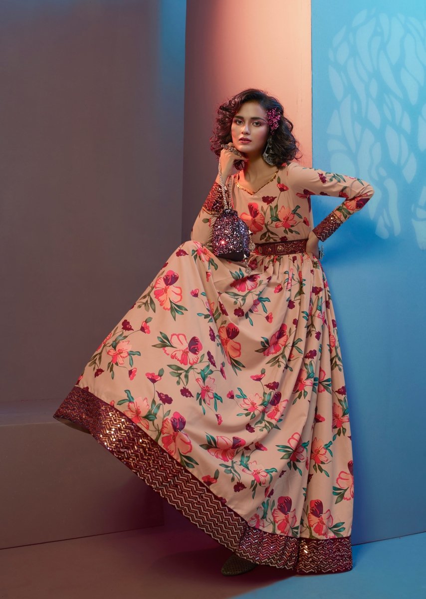 Peach Embroidered Wedding Anarkali Gown - Inddus.com