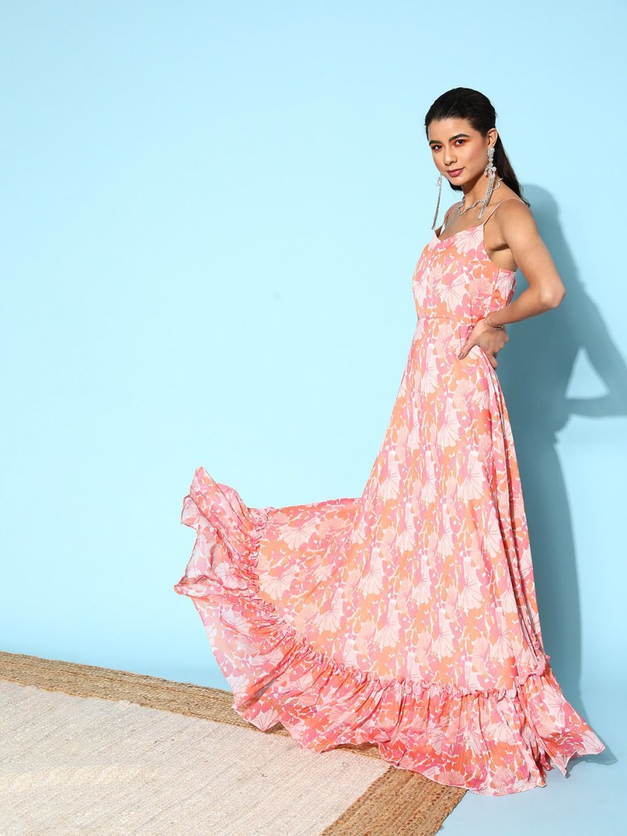 Peach Floral Printed Ruffled Gown with Net Jacket - Inddus.com