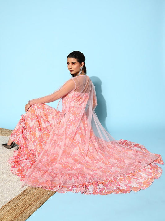 Peach Floral Printed Ruffled Gown with Net Jacket - Inddus.com