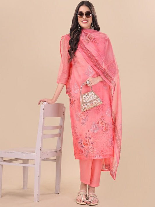 Peach Floral Printed Thread Work Detail Straight Kurta & Trousers With Dupatta - Inddus.com