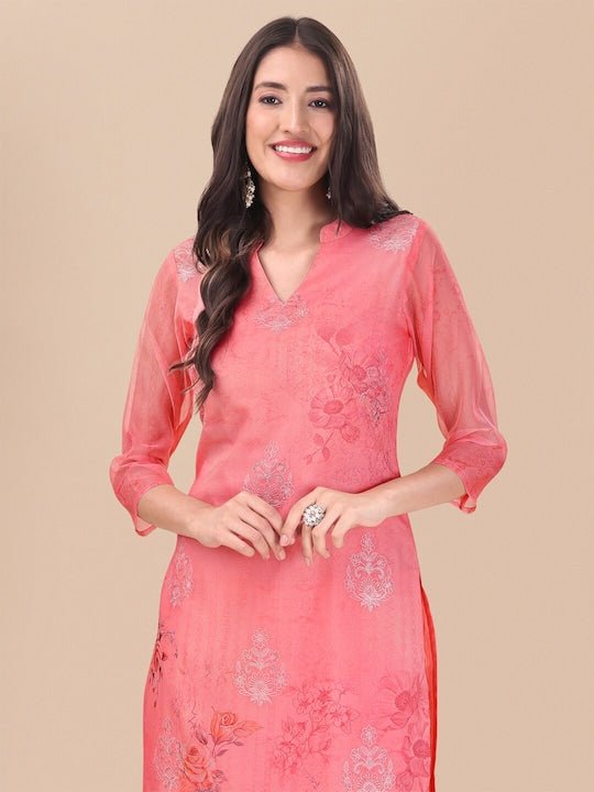 Peach Floral Printed Thread Work Detail Straight Kurta & Trousers With Dupatta - Inddus.com