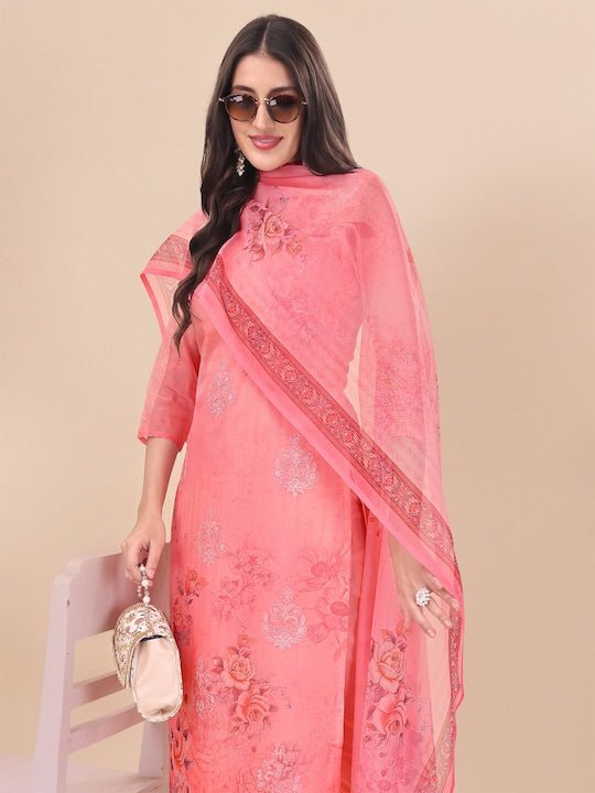 Peach Floral Printed Thread Work Detail Straight Kurta & Trousers With Dupatta - Inddus.com