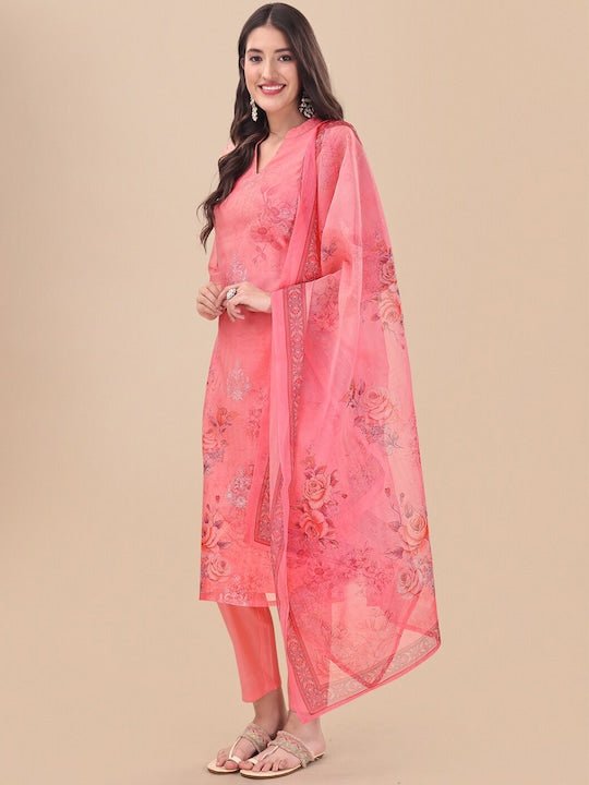 Peach Floral Printed Thread Work Detail Straight Kurta & Trousers With Dupatta - Inddus.com