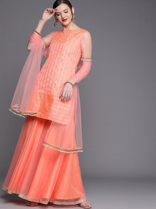 Peach Golden Stripped Kurta with Net Sharara and Dupatta - Inddus.com