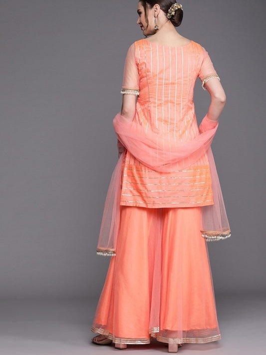 Peach Golden Stripped Kurta with Net Sharara and Dupatta - Inddus.com