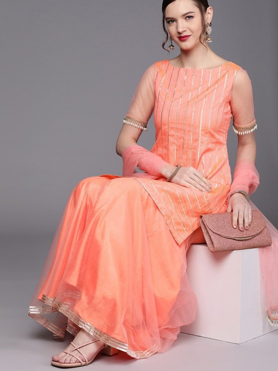 Peach Golden Stripped Kurta with Net Sharara and Dupatta - Inddus.com